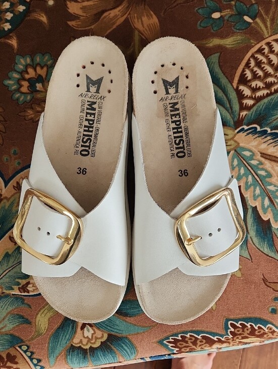 Mephisto Shoes - Mephisto Women's White Slide Sandals with Gold Buckle